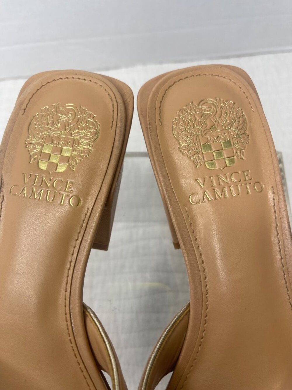 Vince Camuto Leather Block Heel Selaries Slide Sandals7M Beige/Walnut - Picture 5 of 8